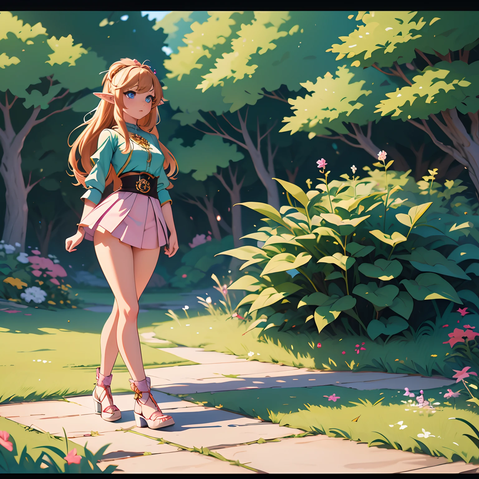 Masterpiece, full hd 8k, highly detailed, genshin impact style, fantasy style, princess, elf girl, Brown long hair, hime_cut style, blue eyes,  full-body,  elfic outfit,  green shirt, pink mini skirt, open legs, white pantys, upskirt, pantys exposed, tight highs, goldes heels shoes, standing