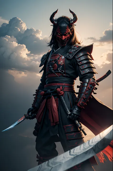 (demon samurai)、(Wearing a demon mask)、独奏、Like the whole body、(Armed with a long sharp knife)、Demon standing facing the front,magnificent artwork、((Kyoto Panel Painting Style))、Wind-effect:1.9、Cloud Effects:1.2、Full Rendering、Encaustic Painting,unrealengin...