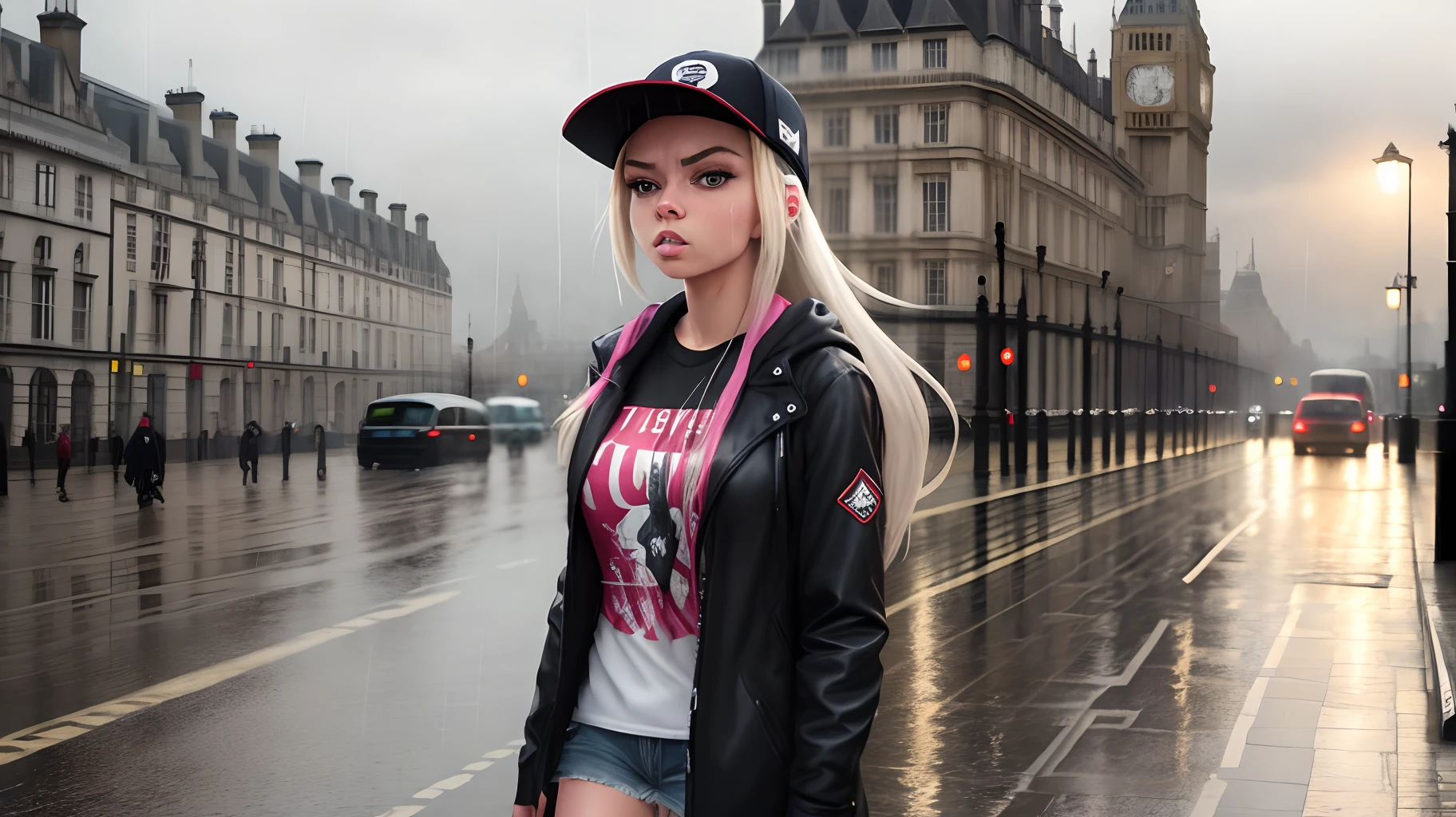 Blond woman in a black leather jacket and pink shirt standing on a wet  street - SeaArt AI