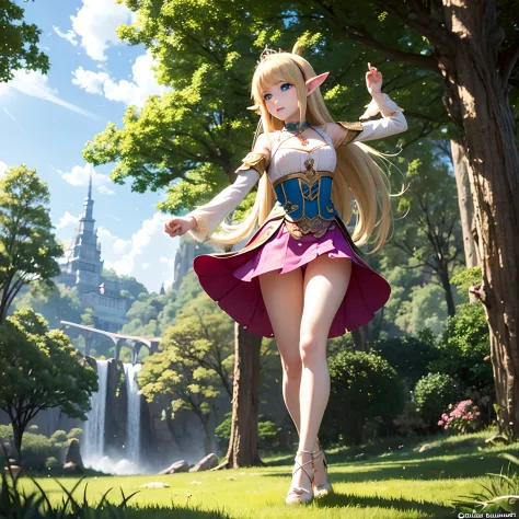 Masterpiece, full hd 8k, highly detailed, genshin impact style, fantasy style, princess, elf girl, Brown long hair, hime_cut style, blue eyes,  full-body,  elfic outfit,  green shirt, pink mini skirt, open legs, white pantys, upskirt, pantys exposed, tight...