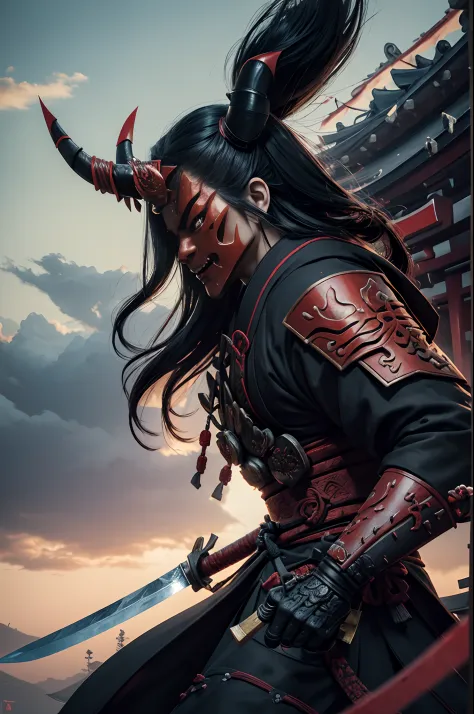 (demon samurai)、(Wearing a demon mask)、solo women、Like the whole body、(Armed with a long sharp knife)、Stand facing the front,magnificent artwork、((Kyoto Panel Painting Style))、Wind-effect:1.9、Cloud Effects:1.2、Full Rendering、Encaustic Painting,unrealengine...