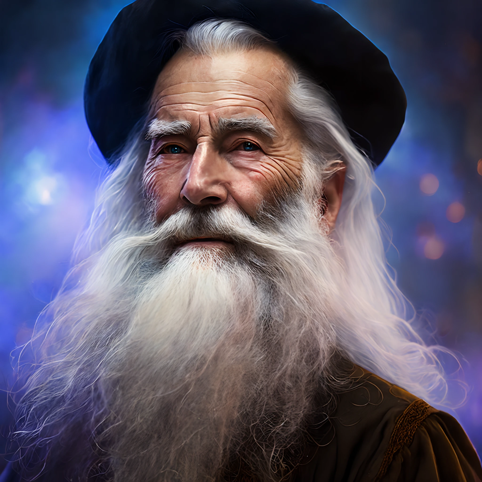 Portrait of a old man with a long white beard, magician, realistic, detailled, cinematic, background: magical school, blur in background