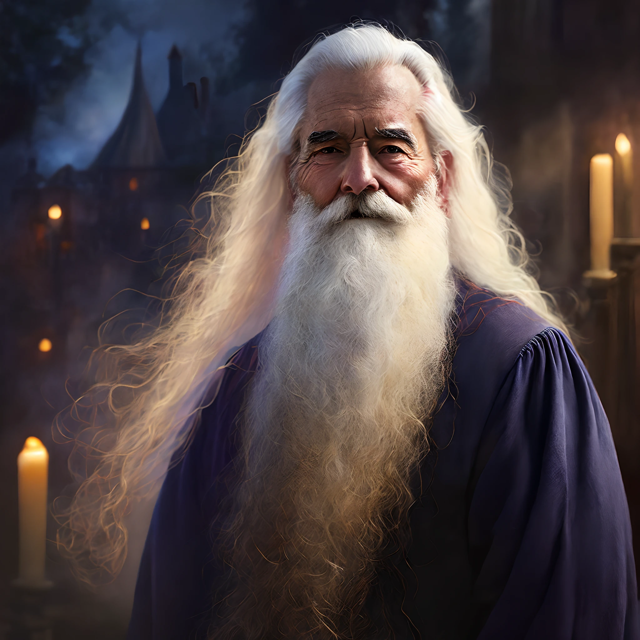 Portrait of a old man with a long white beard, magician, realistic, detailled, cinematic, background: magical school, blur in background