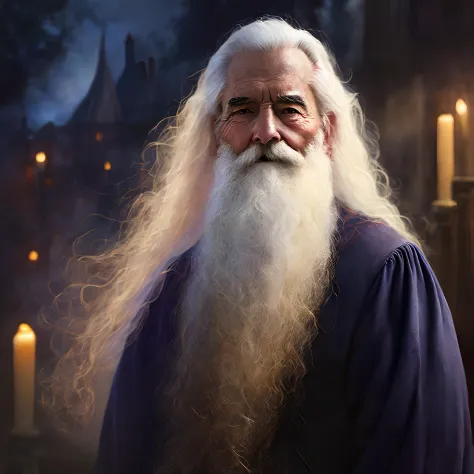 portrait of a old man with a long white beard, magician, realistic, detailled, cinematic, background: magical school, blur in ba...