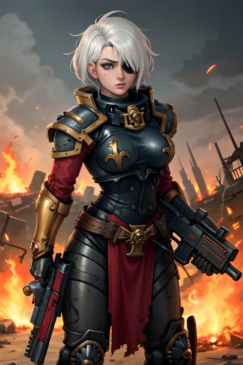 masterpiece:1.2), (best quality:1.2), perfect eyes, perfect face, perfect lighting, 1girl, mature Sororitas with a laser rifle i...