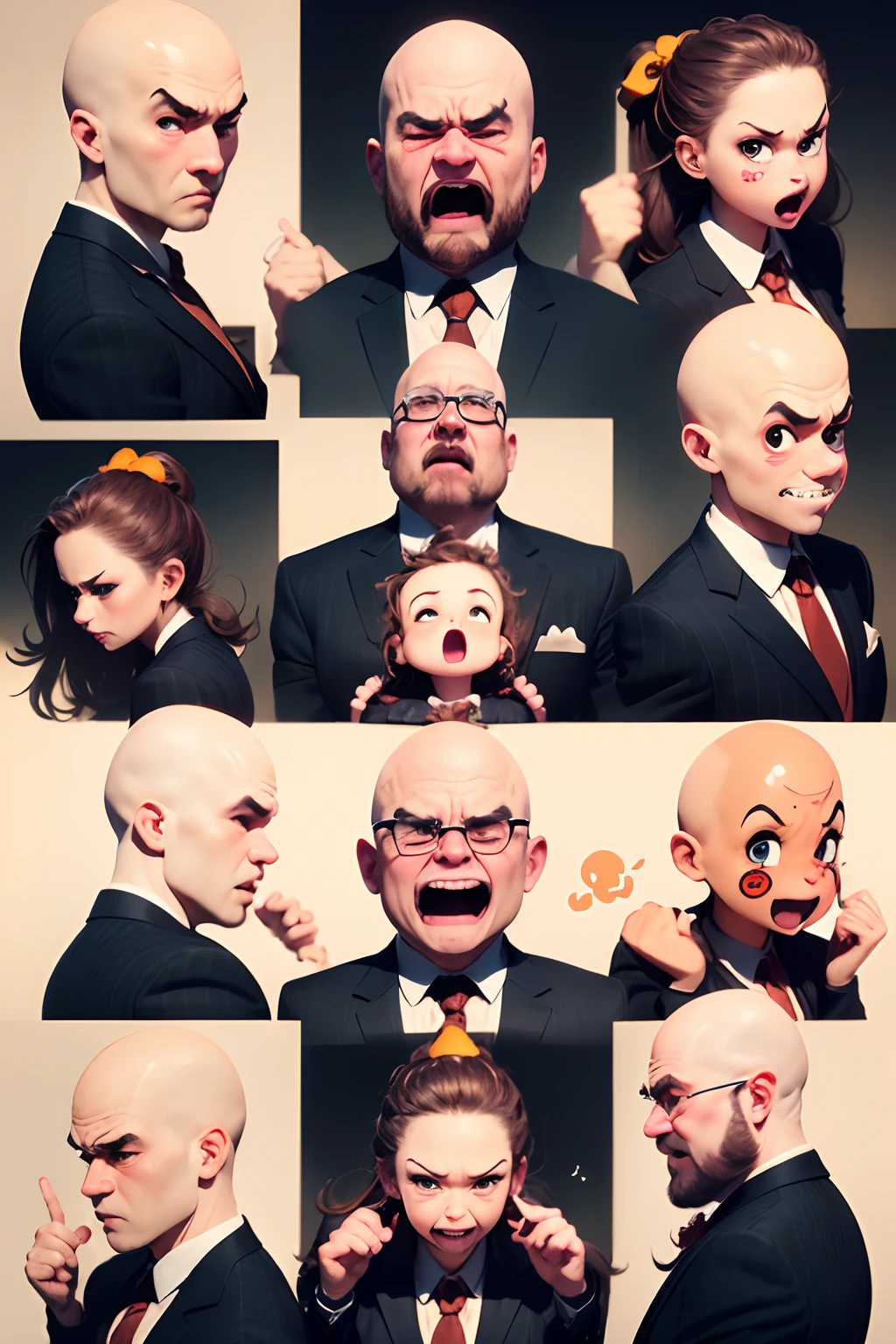 Office boss, anime style character, Emoji pack), (fat bald man, wearing  suit:1.3)，(emoji design sheet)，Align arrangement - SeaArt AI