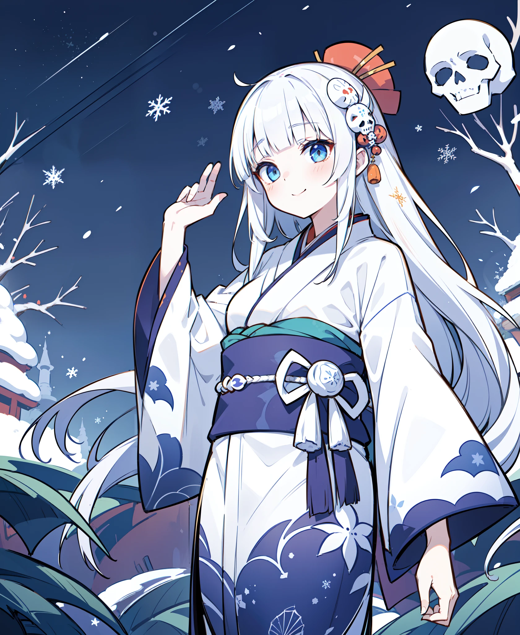 (still life:1.3), intricate details, wide shot, (1girl, Yuki Onna \(monster girl encyclopedia\), kimono, pale skin, blunt bangs, hair ornament, japanese clothes, sash, obi, snowflake hair ornament, yuki onna:1.1), looking up, seductive smile, floating, garden, palace, horror \(theme\), halloween, pumpkin, skull, spider web, bat,  night