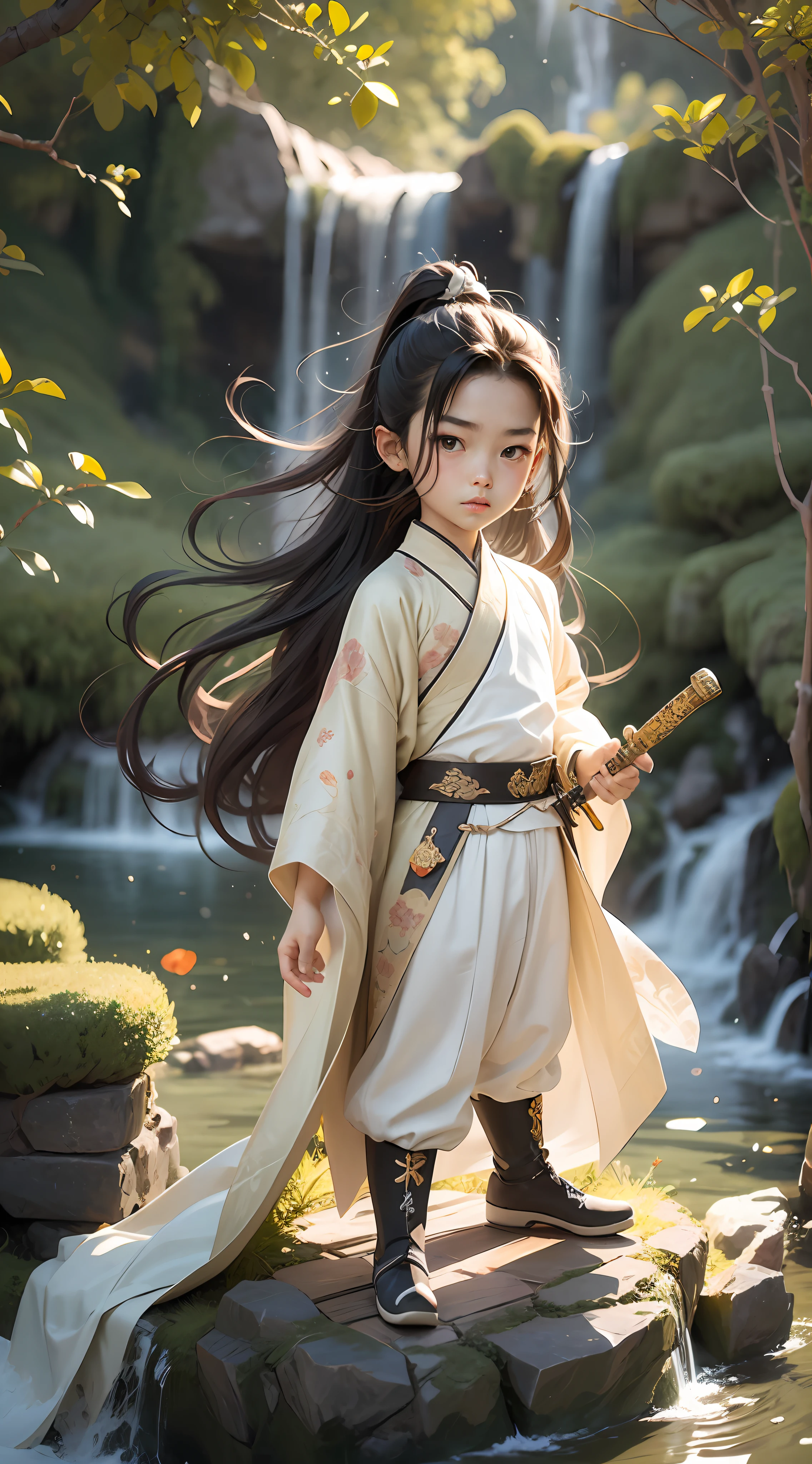 Chibi T-Shi，Full body，1boys，Ancient Chinese 4-year-old boy，Cool，Masculinity，Sword in hand，Sword：1.3，with long black hair，Hanfu，White clothes fluttering，Gold stroke，Cliffs and waterfalls in the background，