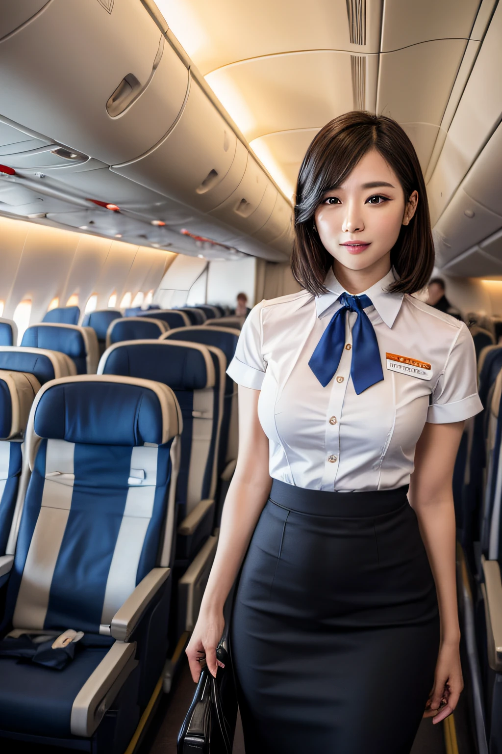1womanl, 40 years、hyperdetailed face、Detailed lips、A detailed eye、double eyelid、(Black bob hair、Like an airplane stewardess々Do a good job)、(Stewardess uniform:1.2)、(Glamorous body)、(Colossal tits)、smil、thighs thighs thighs thighs, Perfect fit, Perfect image realism, Background with: (Business Class aisle on airplanes:1.2), Cowboy Shot, Meticulous background, detailed costume, Perfect litthing、Hyper-Realism、(Photorealsitic:1.4)、8K maximum resolution, (​masterpiece), ighly detailed, Professional