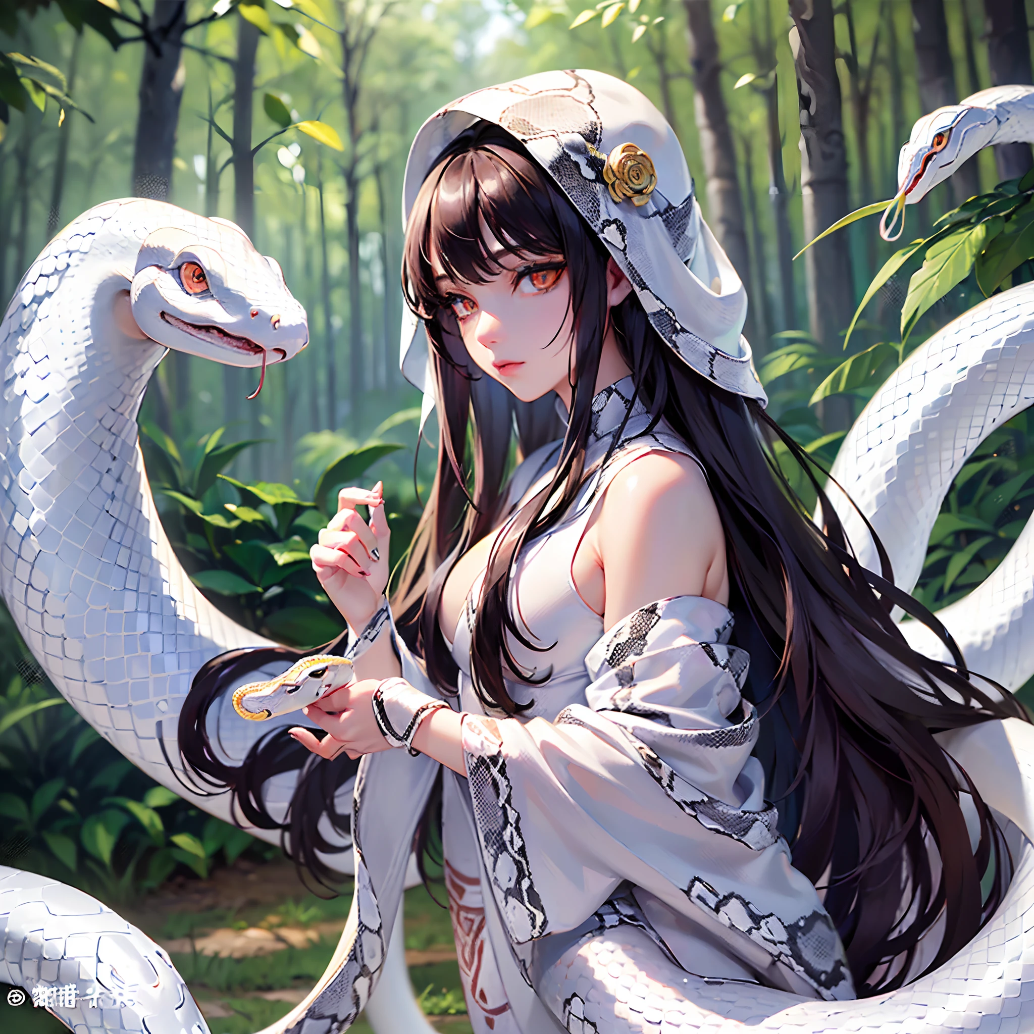 ((Finest quality)),(超A high resolution),(Ultra-detail),(Meticulous portrayal),((Best CG)),(Finest works of art),Ultra-Precision Art,The art of astounding depiction, (White large snake:1.5),(One woman:1.5),(Clear crimson eyes:1.5),(Black straight long hair:1.5,),deadpan:1.3,(Body wrapped around a white snake:1.5),Plain white kimono:1.5, In the dense forest:1.5