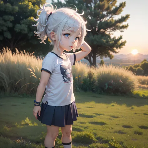 Cute little girl, chibi, white hair, bracelet, looking at sunset, cute face, blue eyes, T shirt, skirt, standing , sneaker boots...