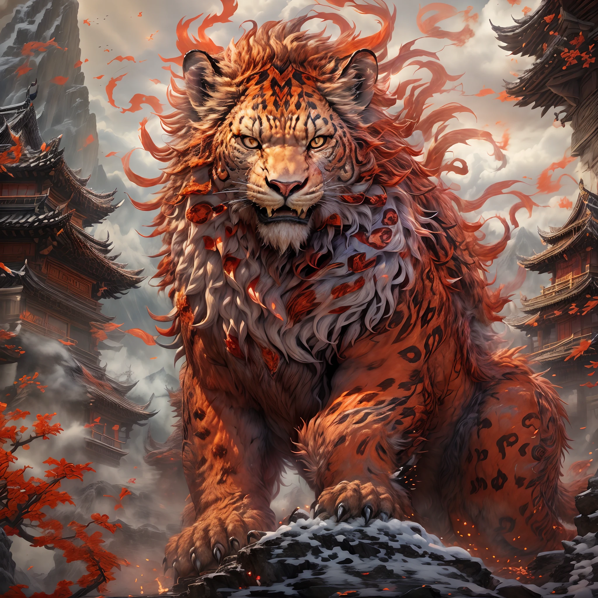 (Best quality,tmasterpiece, iintricate,hyper-detailing，extremely detailed CG unity wallpaper) ,A kind of monster in the mythology of the ancient Chinese book of the Classic of Mountains and Seas，Great Wilderness East Meridian，A mythical beast in Chinese mythology，(((Shaped like a red snow leopard，Huge and powerful。It has a majestic body and sharp claws，The whole body is covered with fur red as blood，The forehead has a sharp horn，It has five tails behind it)))，And both eyes radiate lightning，Surrounded by lightning，White clouds surround，Dreamland Wonderland、Genting Heavenly Palace，The peaks are steep，Strange rocks，fanciful，ogre、fang、Riding，Faraway view，(Best quality,tmasterpiece, iintricate,hyper-detailing，RAW photo,8k，hyper HD,Ultra-high resolution,extremely detailed CG unity wallpaper，Chinese colors，The color is bright，brightly，Traditional Chinese elements，（（Ancient murals）），legendary，Dappled light，Hazy haze，mystical aura，tmasterpiece，k hd，Rich in color，Detailed details，Colorful colors)