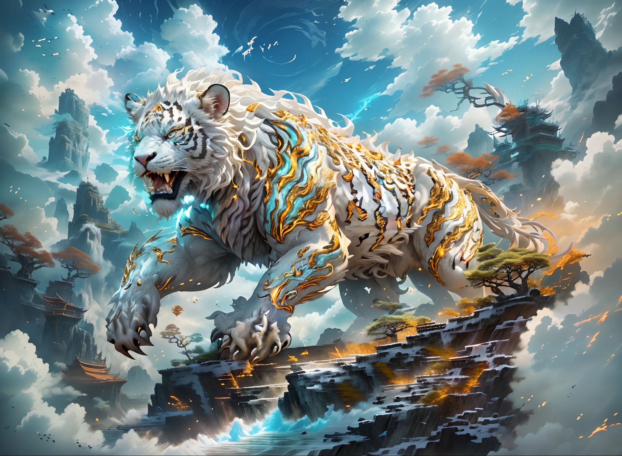 dahuangdongjing，，A mythical beast in Chinese mythology(the white tiger),The white tiger is like a huge white tiger，Huge and powerful。It has a majestic body and sharp claws，The whole body is covered with fur as white as snow，White tigers usually have a pair of short horns on their heads，Both eyes emit lightning，Surrounded by lightning，Surrounded by white clouds，Dreamland Wonderland、Genting Heavenly Palace，The peaks are steep，Strange rocks，fanciful，ogre、fang、Riding，Faraway view，(Best quality,tmasterpiece, iintricate,hyper-detailing，RAW photo,8K，hyper HD,Ultra-high resolution,Photorealistic style,Cinematic scenes, Sharp focus,Dramatic lighting,extremely detailed CG unity wallpaper，Chinese colors，The color is bright，brightly，Traditional Chinese elements，（（Ancient murals）），Illustrative myths，Fuyao Legend，Dappled light，Hazy haze，mystical aura，tmasterpiece，k hd，Rich in color，Detailed details，Seven colors)