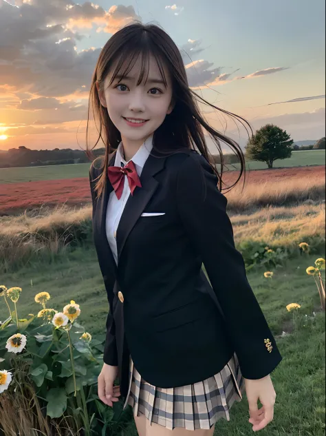 (Close up portrait of one girl with slender small breasts and long hair dull bangs in black blazer school uniform with red edgin...