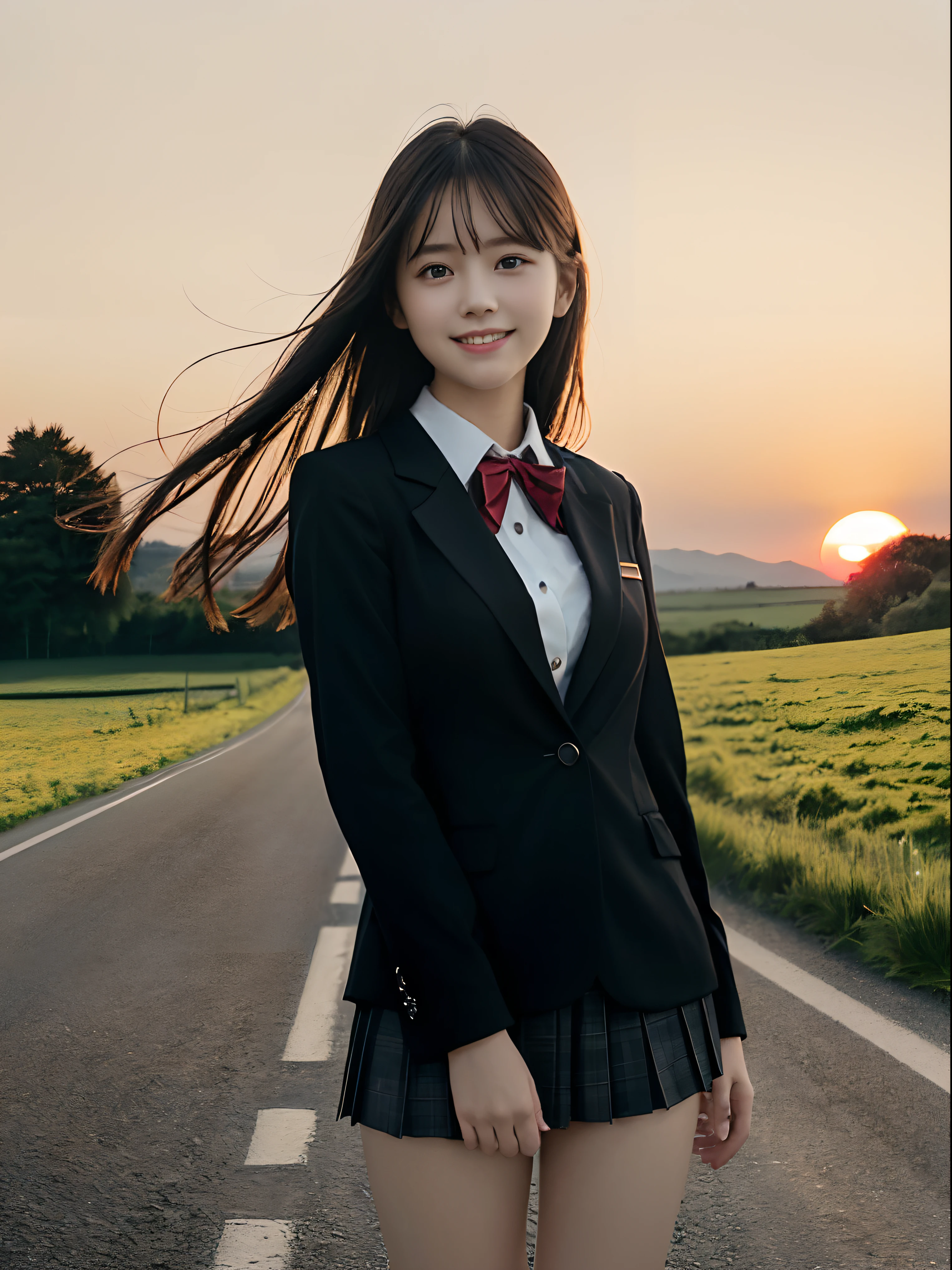 (Vestindo um uniforme blazer preto com gola vermelha、Retrato de perto de uma menina com seios pequenos esguios e cabelos longos franja sem brilho:1.5)、(Menina de pé sorrindo em uma estrada reta que se estende até o prado、o cabelo esvoaça com o vento :1.5)、(Uniforme com blazer preto e gola vermelha:1.5)、(Lindo pôr do sol céu vermelho:1.5)、(anatomia perfeita:1.3)、(sem máscara:1.3)、(dedos completos:1.3)、fotorrealista、fotografia、mesa、qualidade máxima、Alta resolução, delicado e lindo、rosto perfeito、lindos olhos detalhados、Pele clara、Pele humana de verdade、((pernas finas))、(cabelo escuro)