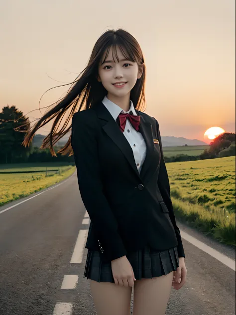 (Wearing a black blazer uniform with a red-rimmed collar、Close up portrait of one girl with slender small breasts and long hair ...