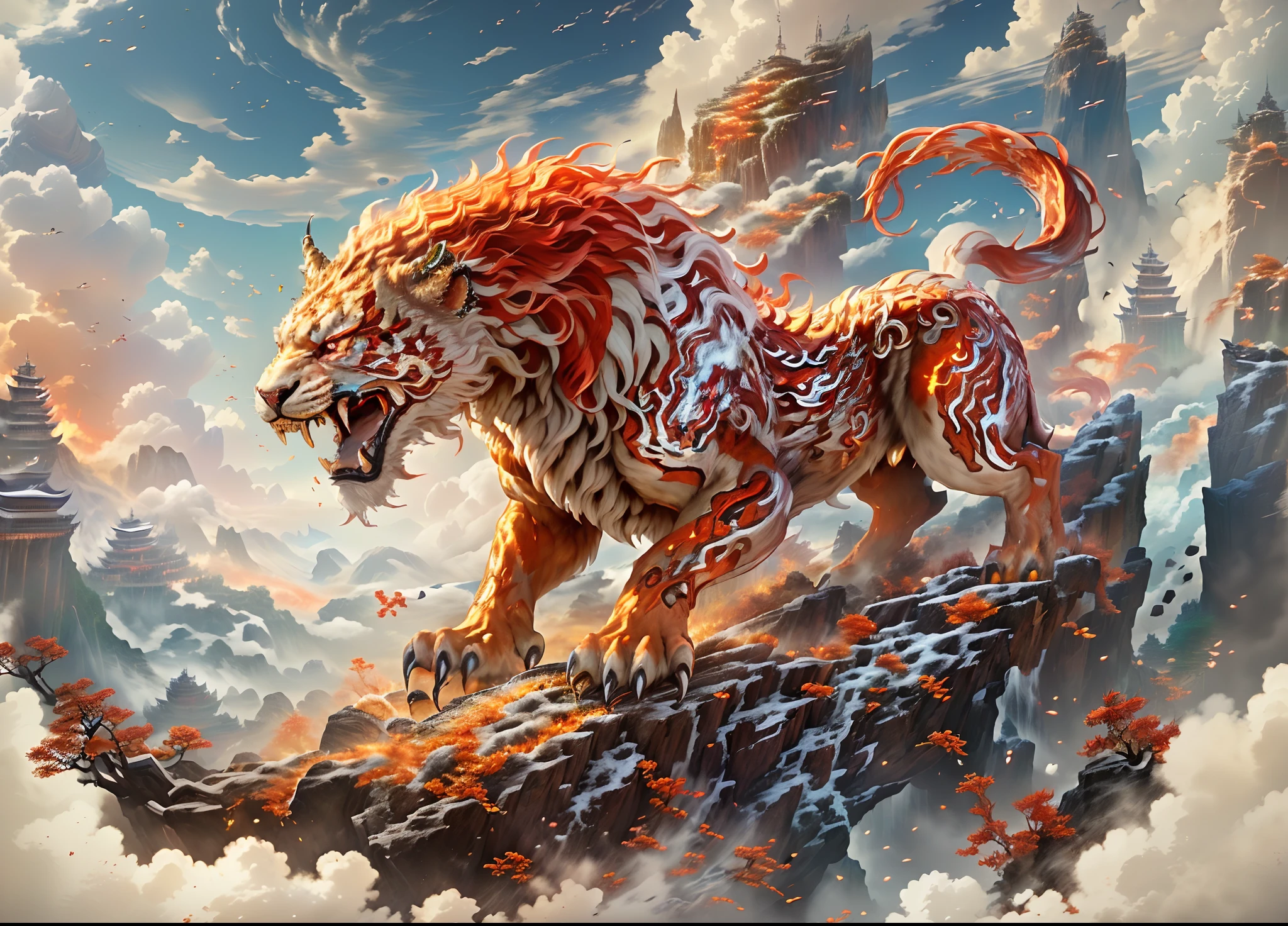 Painting of a tiger with a fire tail on a mountain - SeaArt AI