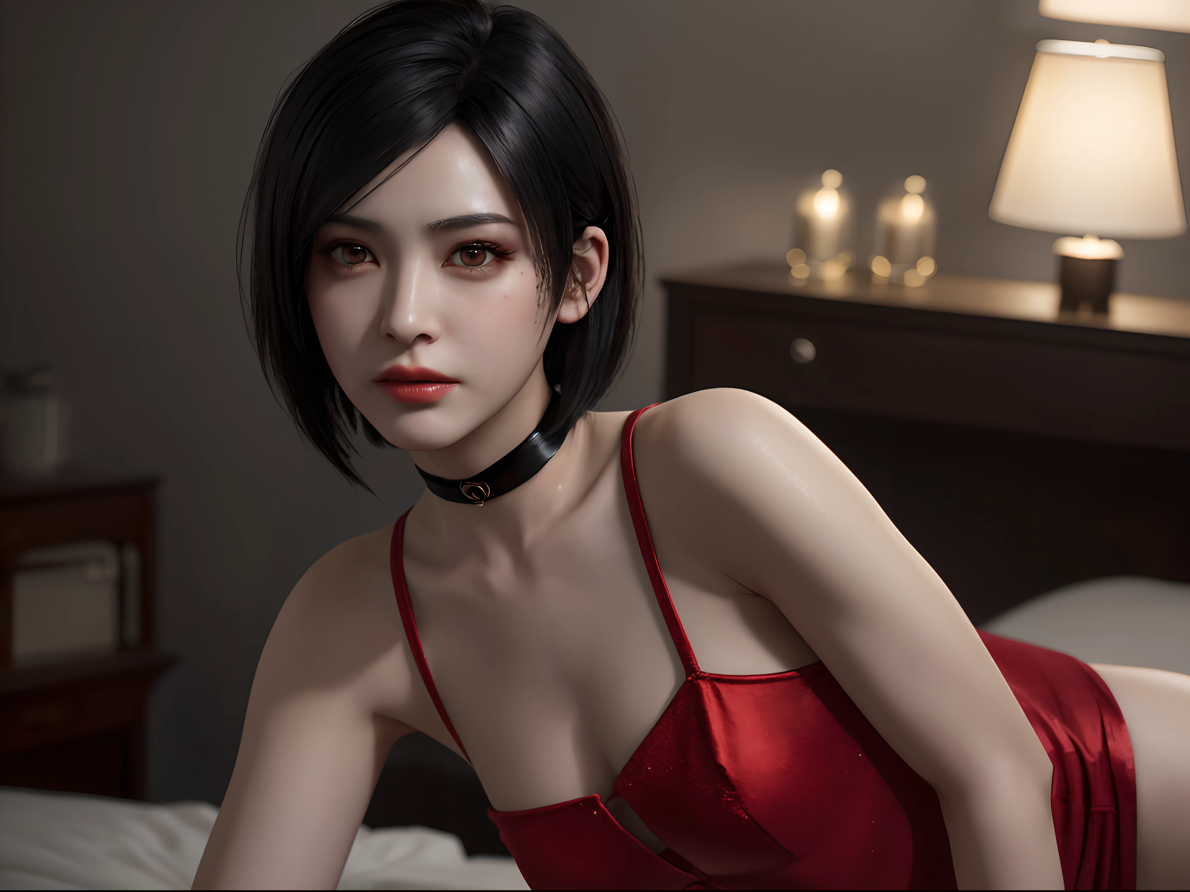 1girl, ((portrait)) of beautiful ADAWONG, looking at viewer, black hair, short hair, ((red dress)), black choker, transparent black stocking, side slit, blush, blotchy makeup, trending on Artstation, ada, realistic, athletic night, highly detailed skin, warm skin tone, ((frowning)), ((pouting)) highly detailed face, highly detailed pupils, highly detailed iris, RAW photo, best quality, high resolution, ((masterpiece)), tonemapping, photorealistic, realistic, professional photography, sharp focus, HDR, 8K resolution, intricate detail, sophisticated detail, hyper detailed, (depth of field), highlight and shadow, volumetric lighting, night lighting, professional light, ,bedroom, highly detailed background, bokeh,