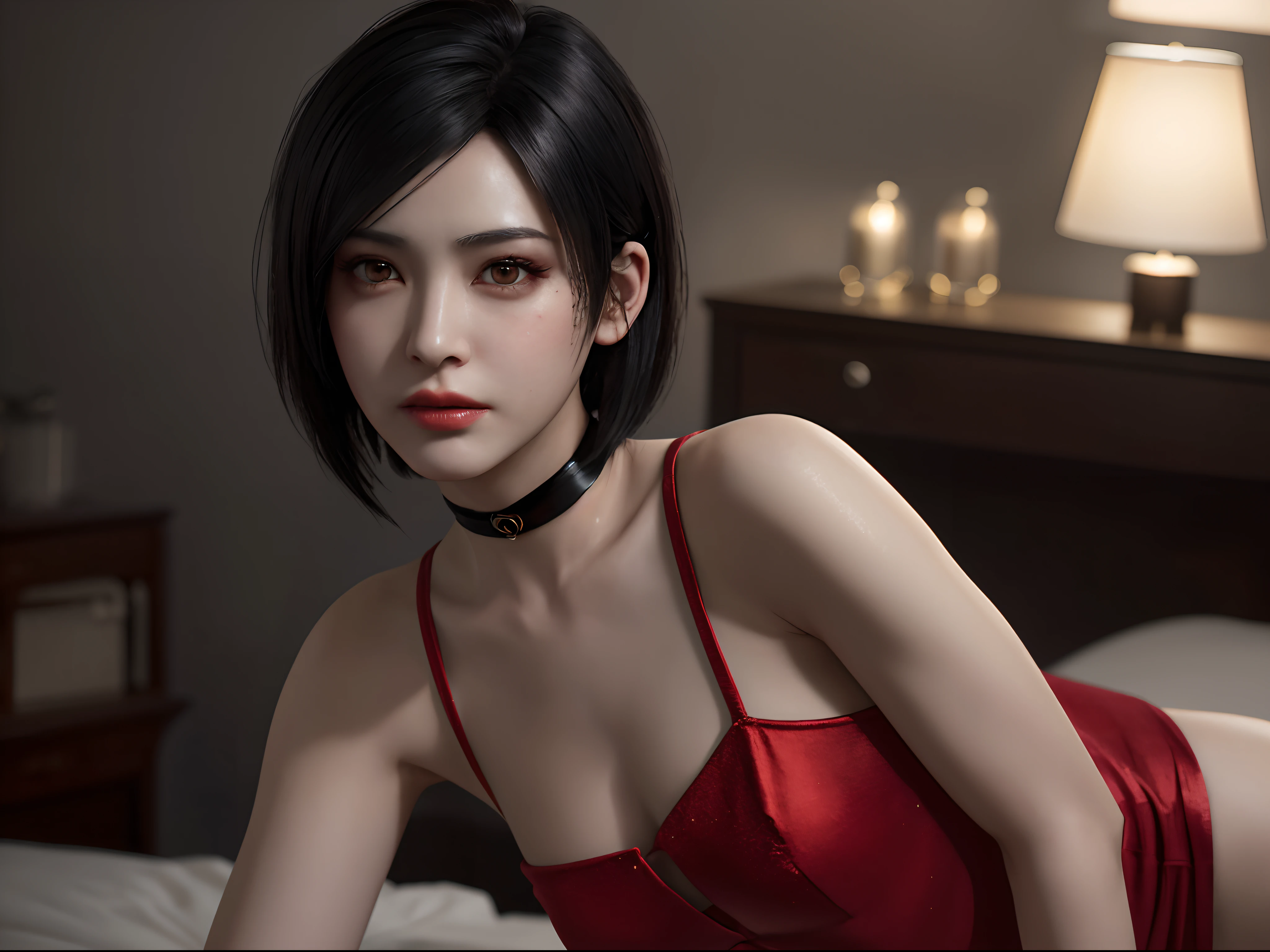 여자 1명, ((초상화)) 아름다운 ADAWONG의, 뷰어를보고, 흑발, 짧은 머리, ((빨간 드레스)), 블랙 초커, 투명 블랙 스타킹, 측면 슬릿, 붉히다, 얼룩덜룩한 화장, 아트스테이션의 트렌드, 있다, 현실적인, 운동의 밤, 매우 상세한 피부, 따뜻한 피부톤, ((찡그린 얼굴)), ((삐죽삐죽)) 매우 상세한 얼굴, 매우 상세한 학생들, 매우 상세한 홍채, RAW 사진, 최고의 품질, 높은 해상도, ((걸작)), 톤 매핑, photo현실적인, 현실적인, 전문 사진, 날카로운 초점, HDR, 8K 해상도, 복잡한 디테일, 정교한 디테일, 매우 상세한, (피사계 심도), 하이라이트와 섀도우, 체적 조명, 야간 조명, 전문 조명, ,침실, 매우 상세한 배경, 보케,