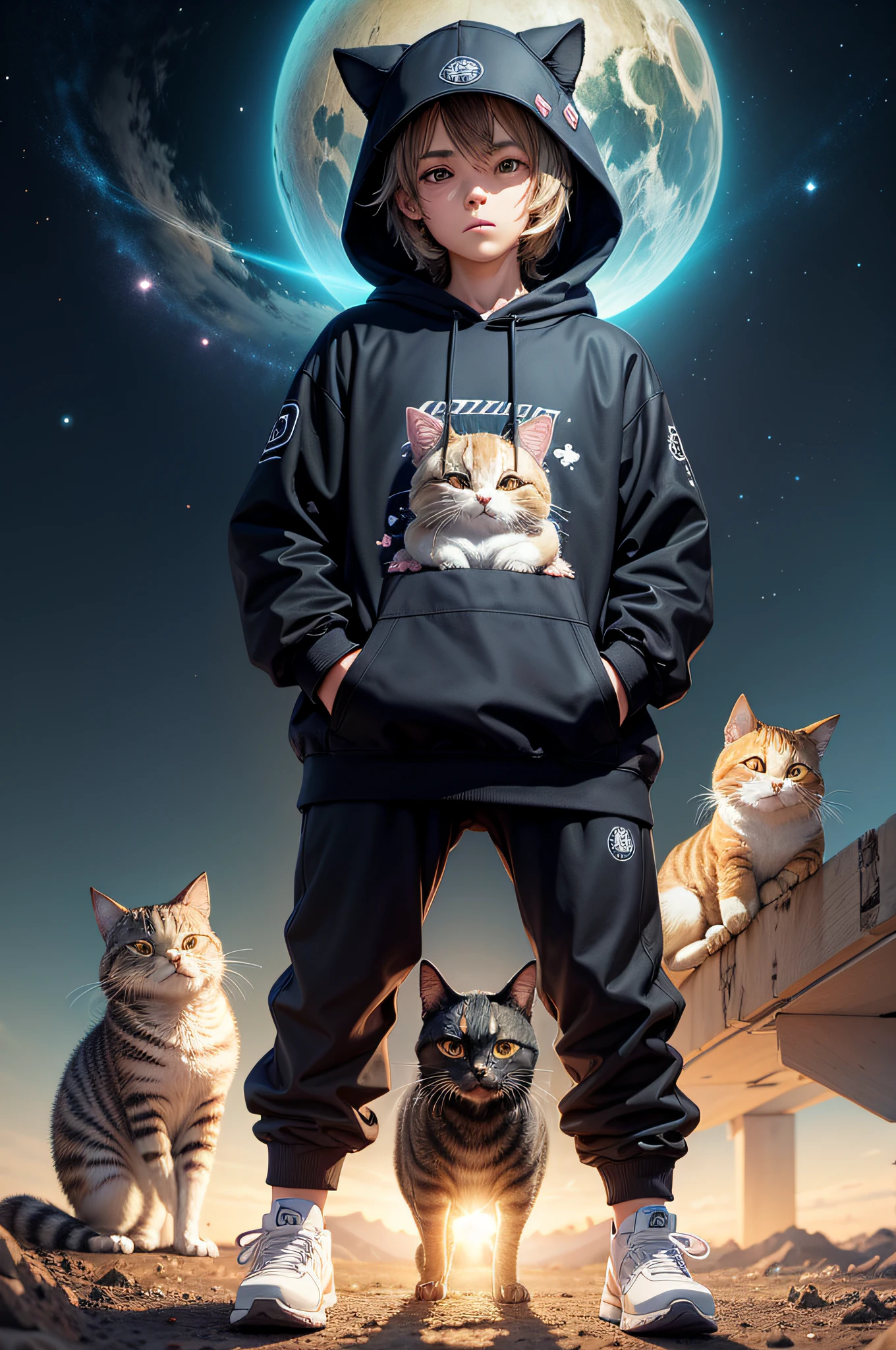 Personaje de anime vestido con una sudadera con capucha parado frente a un planeta, VRCabord, chico de pelo negro con capucha, vestindo sci - fi capa con capucha, gato animado, nekomimi, lindo gato animado, kemonomimi, usando um capuz con orelhas pontudas, chico anime con orejas de gato, con capucha, tela si, gatito, con cubierta, pantalón negro