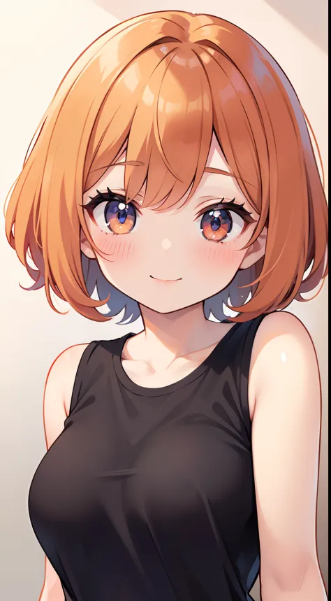 1girl, Serena from pokemon, orange short hair, wearing a black shirt, exposed shoulders, smiling, blushing, highly detailed, high quality, master piece, detailed face, mature