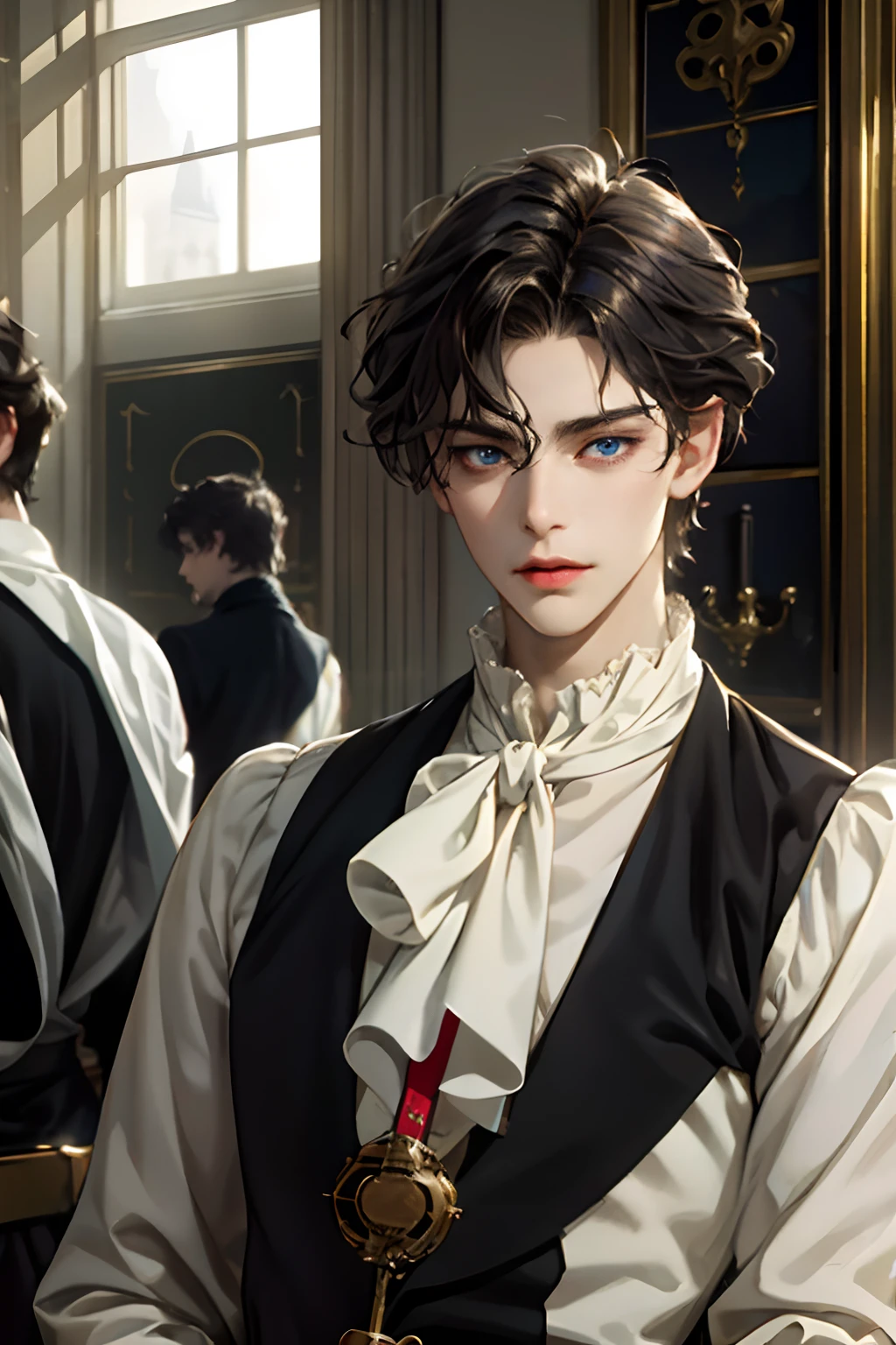 masterpiece, best quality, high quality, 1boy, solo, male focus, looking at viewer, upper body, sieg_fate, black hair, blue eyes, caucasian, noble, historical, aristocrates, aristocratic, victorian, 20 years old