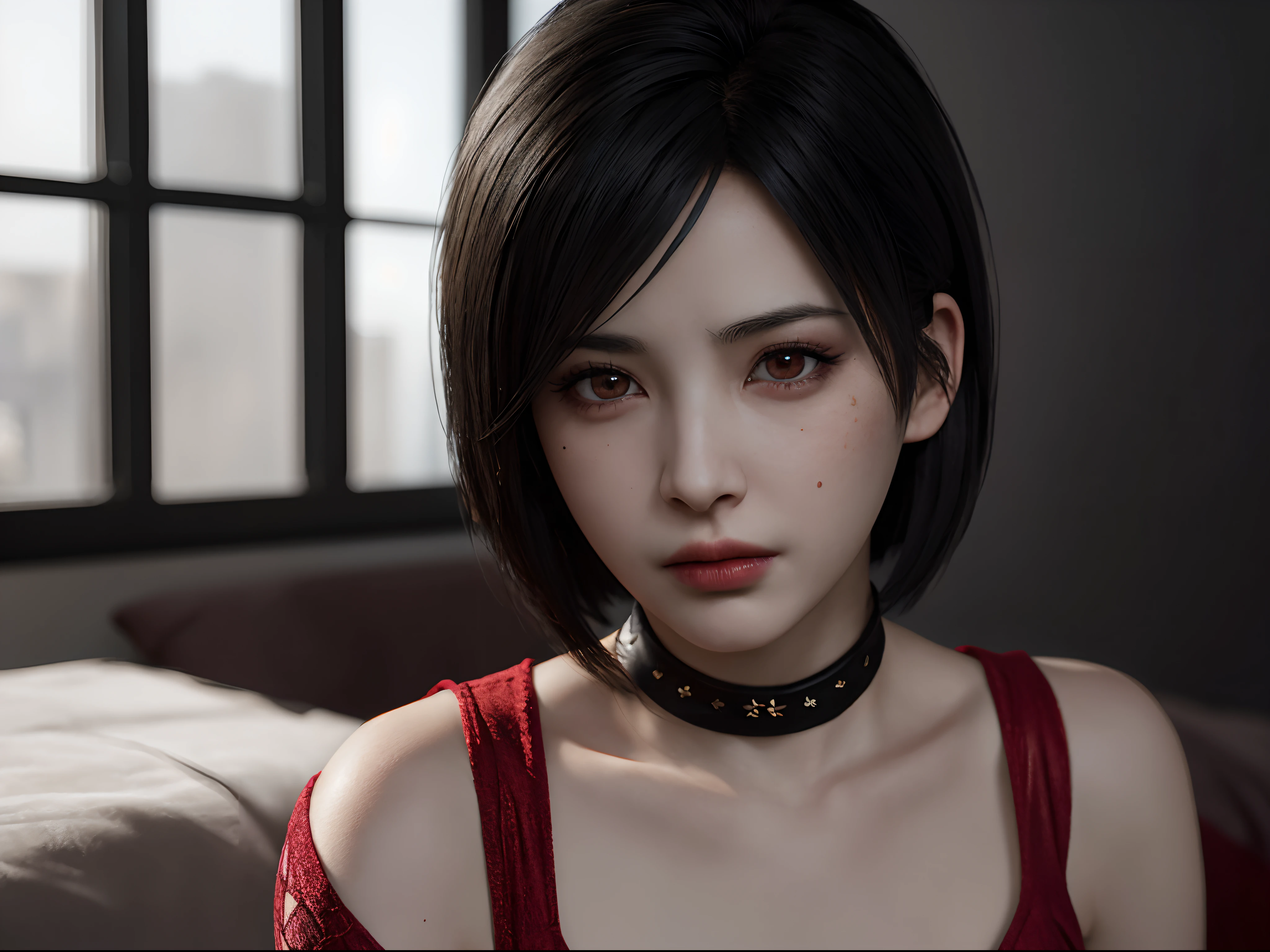 1girl, ((portrait)) of beautiful ADAWONG, looking at viewer, black hair, short hair, ((red dress)), black choker, transparent black stocking, side slit, blush, blotchy makeup, trending on Artstation, ada, realistic, athletic night, highly detailed skin, warm skin tone, ((frowning)), ((pouting)) highly detailed face, highly detailed pupils, highly detailed iris, RAW photo, best quality, high resolution, ((masterpiece)), tonemapping, photorealistic, realistic, professional photography, sharp focus, HDR, 8K resolution, intricate detail, sophisticated detail, hyper detailed, (depth of field), highlight and shadow, volumetric lighting, night lighting, professional light, ,bedroom, highly detailed background, bokeh,