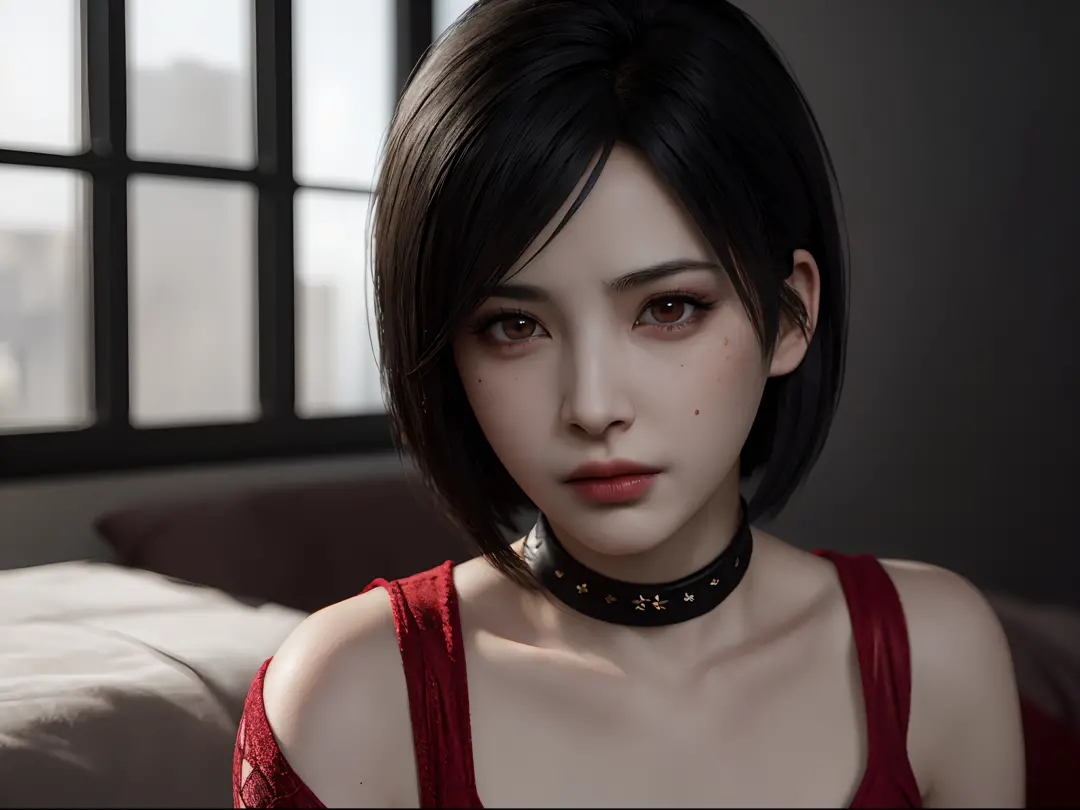 1girl, ((portrait)) of beautiful ADAWONG, looking at viewer, black hair, short hair, ((red dress)), black choker, transparent bl...