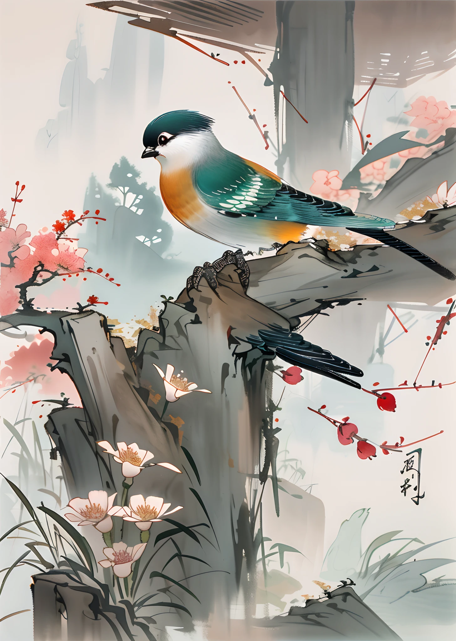 birds and flowers，[(white background:1.5)::5]，中景 the scene is，full bodyesbian，China-style，florals，stone fragment，Beautiful and delicate water，Wood grain flooring