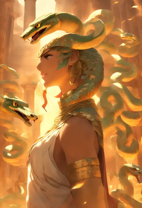 (((serpent face))) best quality, very high resolution, 4K detailed CG, masterpiece, Egyptian mythology, Renenutet, snake goddess, sun in the background, Ancient Egypt, standing pose, serpent face, white clothes , Egyptian clothing , Egyptian temple, desert...