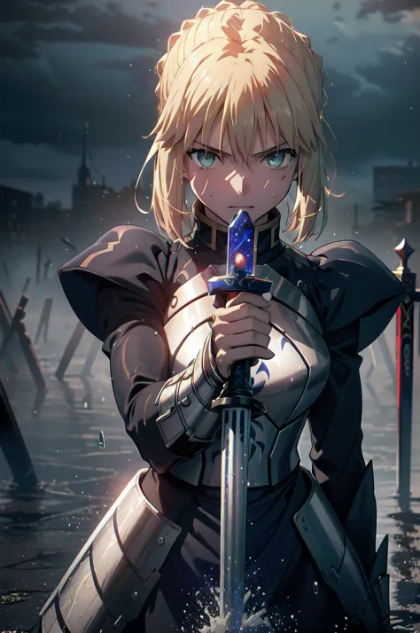 (masterpiece, high resolution, detailed:1.3), Artoria Pendragon from Fate/Stay Night anime, (holding Excalibur sword:1.2), (rain...