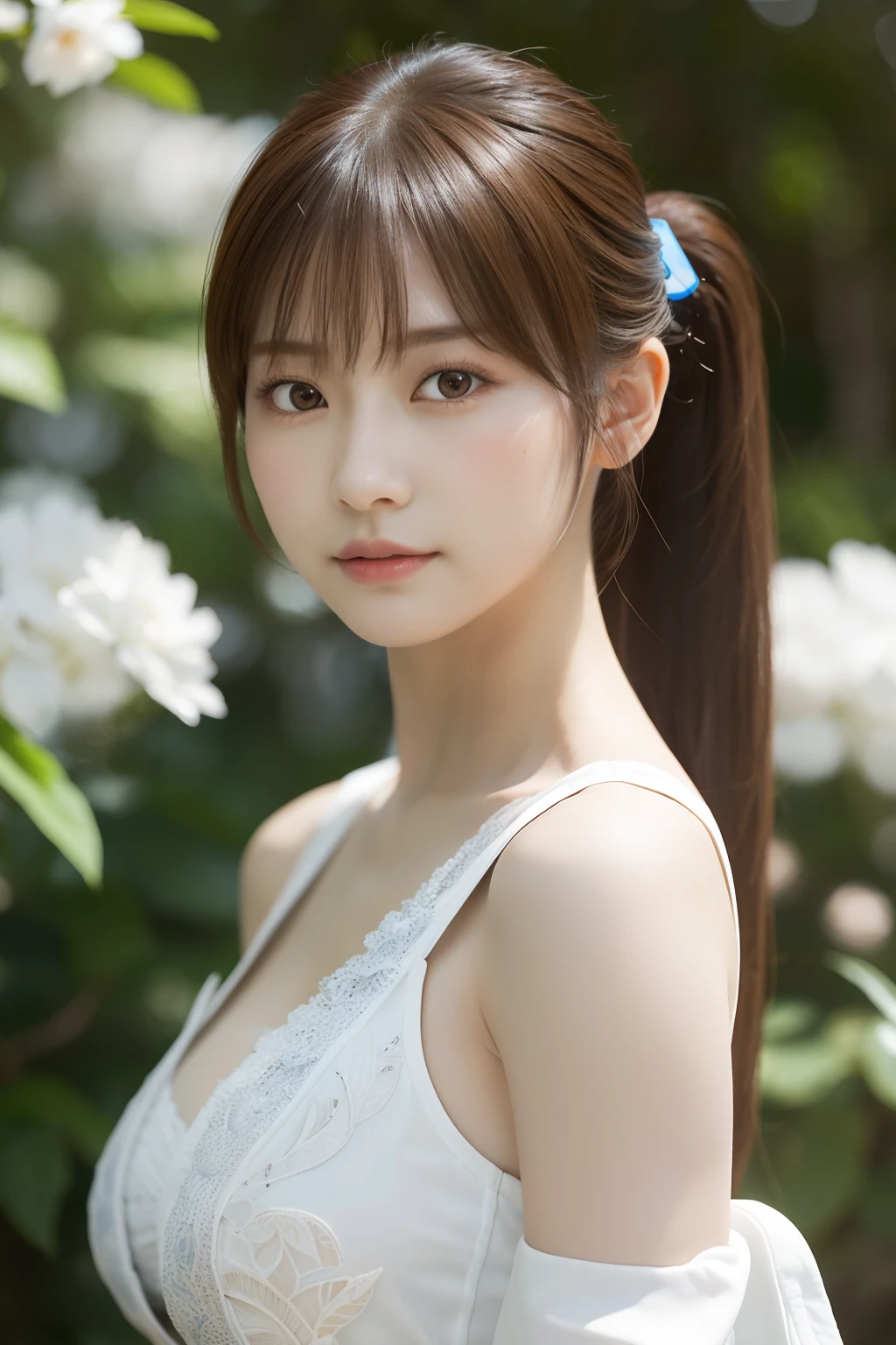 8k, top-quality, Real Image, intricate detailes, Ultra-detail, 超A high resolution, Depth Field, (Photorealsitic, realisitic:1.2), ​masterpiece, kasumi \(PRAYER\), Wearing white Japan clothes, bare shoulders​, breastsout, Brown-eyed, brown haired, s lips, length hair, poneyTail, solo, suns, blue open sky, (intricate detailes:1.2), (delicate detail), (ciinematic light), Clear Line, sharp focus, Lifelike face, A detailed face, Unity 8k Wallpapers, ((Look at viewers))