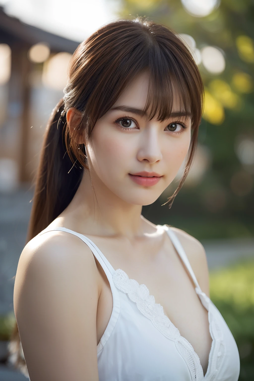 8k, top-quality, Real Image, intricate detailes, Ultra-detail, 超A high resolution, Depth Field, (Photorealsitic, realisitic:1.2), ​masterpiece, kasumi \(PRAYER\), Wearing white Japan clothes, bare shoulders​, breastsout, Brown-eyed, brown haired, s lips, length hair, poneyTail, solo, suns, blue open sky, (intricate detailes:1.2), (delicate detail), (ciinematic light), Clear Line, sharp focus, Lifelike face, A detailed face, Unity 8k Wallpapers, ((Look at viewers))