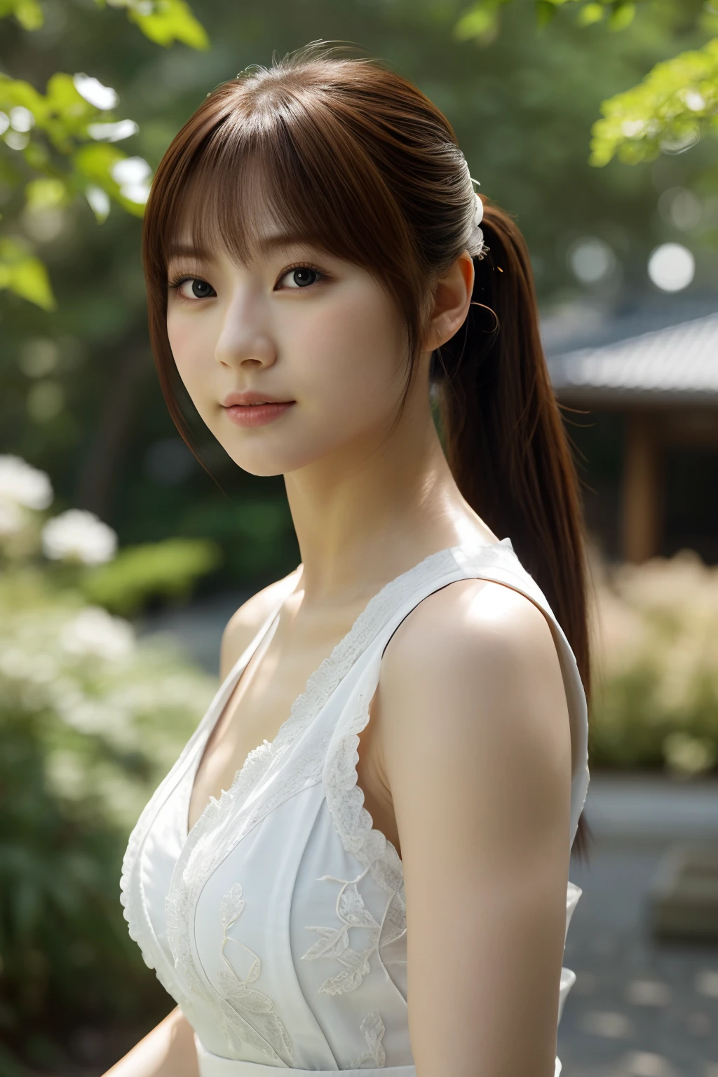 8K, top-quality, Real Image, intricate detailes, Ultra-detail, 超A high resolution, Depth Field, (Photorealsitic, realisitic:1.2), ​masterpiece, kasumi \(prayer\), Wearing white Japan clothes, bare shoulders​, breastsout, Brown-eyed, brown haired, s lips, length hair, poneyTail, solo, suns, blue open sky, (intricate detailes:1.2), (delicate detail), (ciinematic light), Clear Line, sharp focus, Lifelike face, A detailed face, Unity 8k Wallpapers, ((Look at viewers))