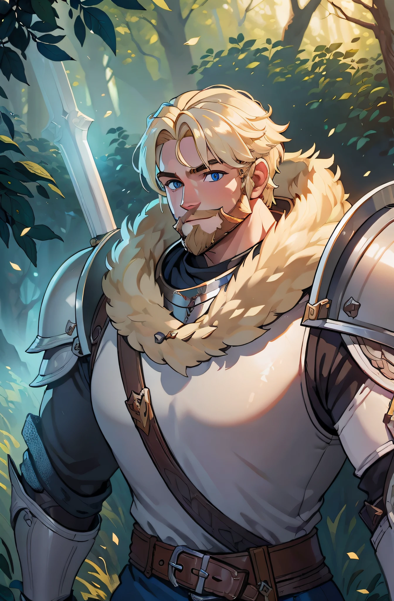 blonde hair, blue eyes, loose hair, short hair, man, wearing PLD_armor, PLD_armor, silver PLD_armor, happy, smiling, tanned skin, forest, daylight, plains, dynamic shot, (masterpiece), best quality, highres, 4k, 8k, Detailed Illustration, intricate detail, cinematic lighting, amazing quality, amazing shading, soft lighting, facing camera, warhammer, big war hammer, holding a war hammer, the war hammer he is holding is bigger than him, strong, muscular, big man, blond beard, short beard, beard to the sides, eyebags, hammer, (smile)