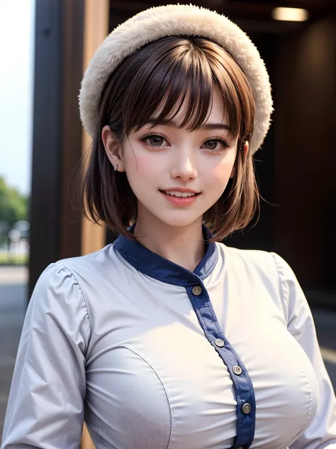 (masutepiece, top-quality、Very attractive adult female beauty、Add intense highlights to the eyes、Look firmly at the camera、lipgloss、bright pale colored eyes),1girl in, 独奏, Light brown shiny short-cut hair, scarf, White hat in winter attire, realisitic, rea...