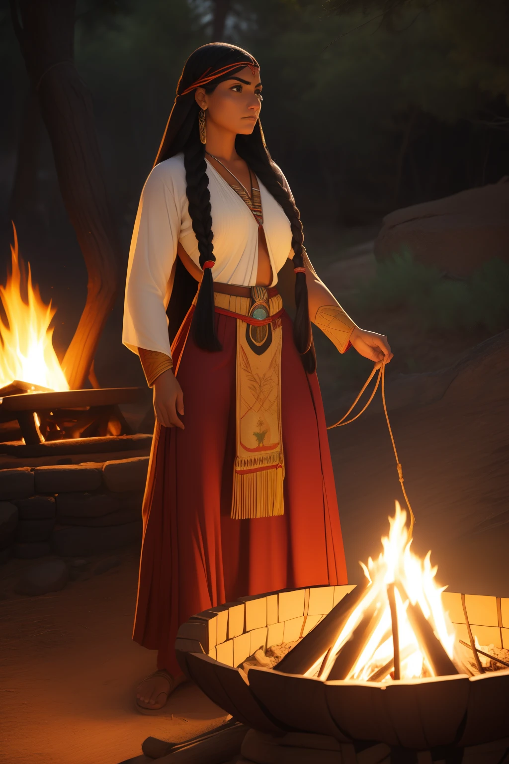 (SFW)No melhor estilo John Buscema, a beautiful Apache woman with long braided hair, olhar furtivo, beleza indomada, usando vestimentas tradicionais de sua tribo, By a campfire, se aquecendo, cena perfeita, arte detalhista (SFW)