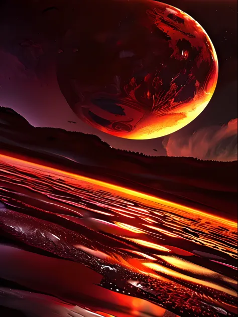"Masterpieces of surrealism. Outstanding quality. amazing detailed. Surreal CG rendering of dark red moon rising over tranquil lake surrounded by red clouds, Illuminated car, Large areas of clouds and fog in light tones, celestial lighting, Space Illuminat...