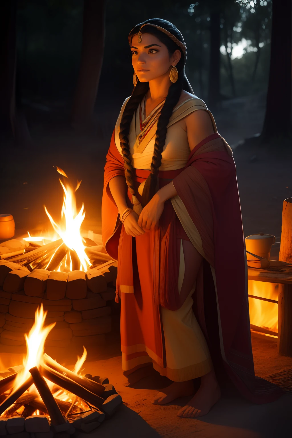 (SFW)No melhor estilo John Buscema, a beautiful Apache woman with long braided hair, olhar furtivo, beleza indomada, usando vestimentas tradicionais de sua tribo, By a campfire, se aquecendo, cena perfeita, arte detalhista (SFW)