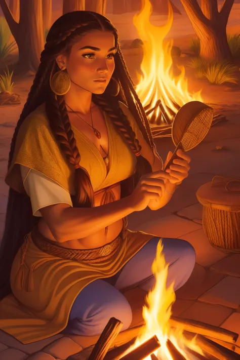 (SFW)No melhor estilo John Buscema, a beautiful Apache woman with long braided hair, olhar furtivo, beleza indomada, usando vestimentas tradicionais de sua tribo, By a campfire, se aquecendo, cena perfeita, arte detalhista (SFW)