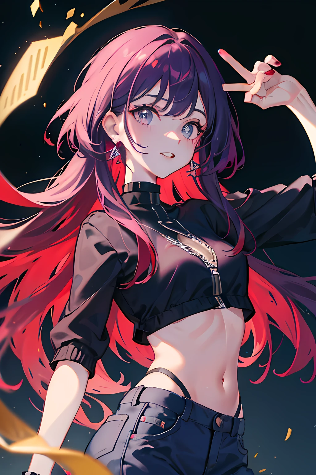 ((Hi res, HDR, HD, 4K, 8k)), a girl with a cute smile, medium breasts, detailed purple eyes, very long red hair with purple inner hair, wears a hoodie and crop top underneath, a pair of dark blue jeans, she wears make up a black eyeliner and purple eyeshadow, red lipstick, perfect arms, perfect hands, colored inner hair, sky background