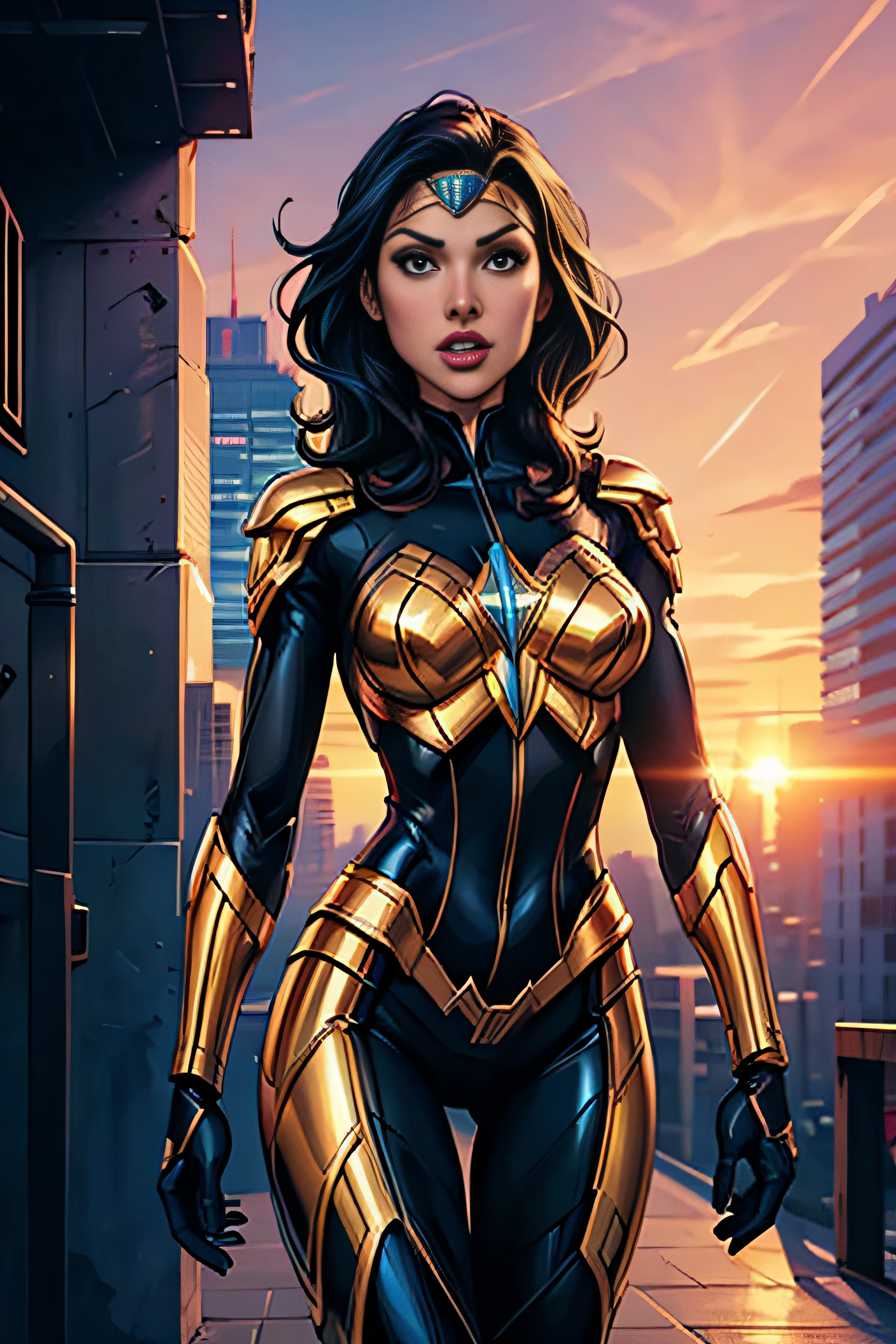 comic art, woman, cyber woman, Gal Gadot, hitech suit, vivid color, golden hour