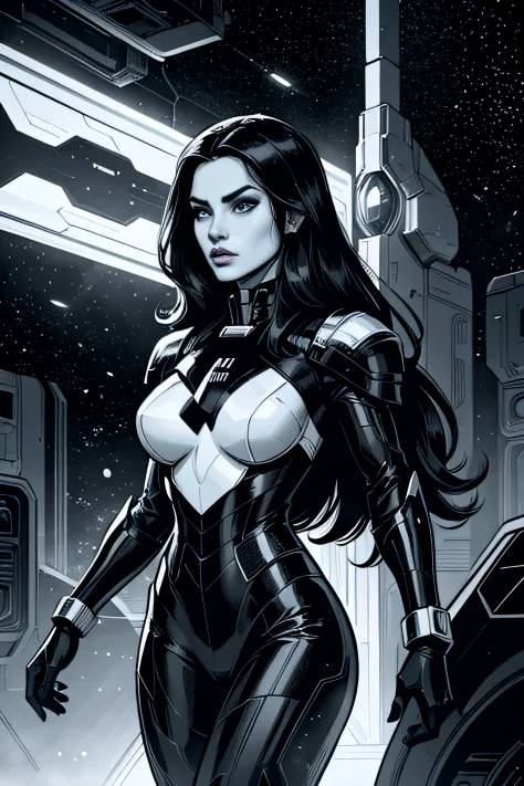 comic book art, black and white art, high contrast, woman galactic, long hair, Hi-tech armor, sci-fi space ship cenario