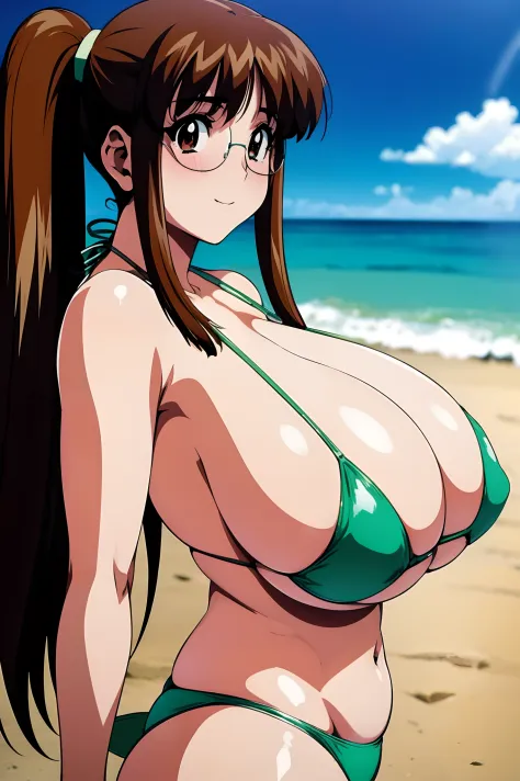 90s anime style、Anime cel drawing style, Manga style,First_Snow Light, ((Best Quality, High resolution)), 1girl in,Twin-tailed、Brown hair、 (Huge breasts:1.3), (Green Bikini:1.4),  (eye glass:1.2),Beautiful face, (nose blush:1.2), lightsmile, (Beach),tight ...