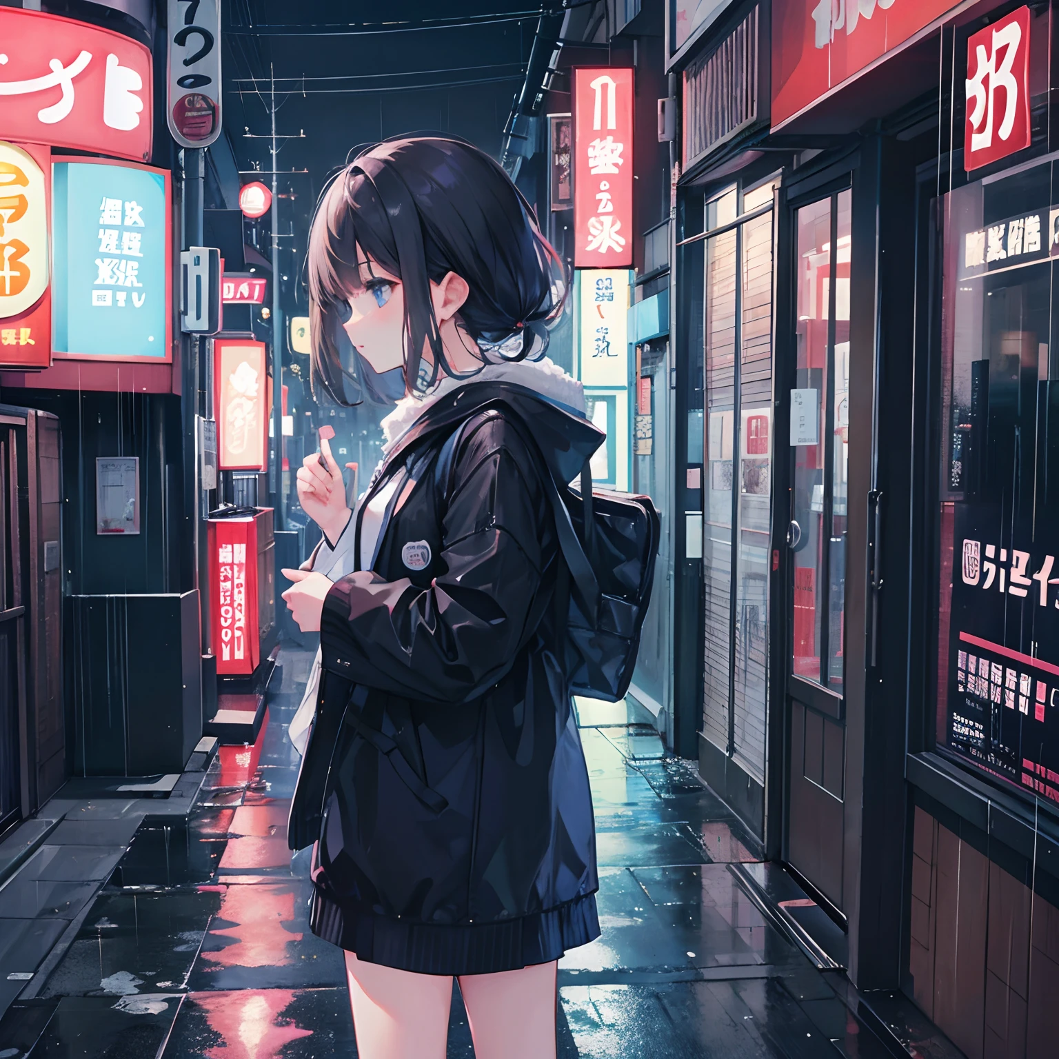 One girl, night city, Tokyo, raining