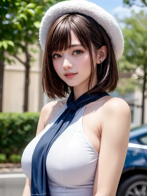 (masutepiece, top-quality、Very attractive adult female beauty、Add intense highlights to the eyes、Look firmly at the camera、lipgloss、bright pale colored eyes),1girl in, 独奏, Light brown shiny short-cut hair, scarf, White hat in winter attire, realisitic, rea...