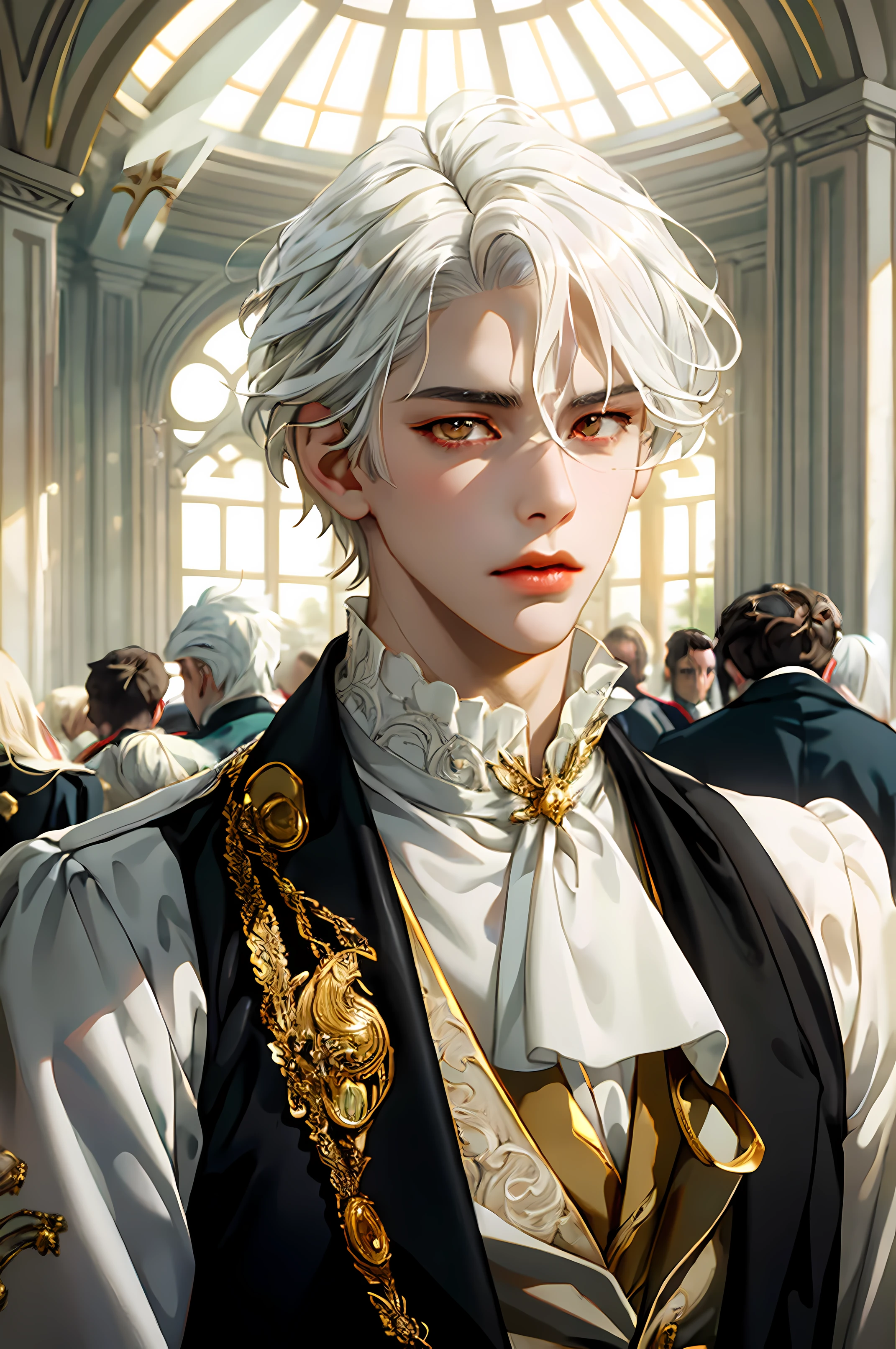 masterpiece, best quality, high quality, 1boy, white hair, gold eyes, solo, male focus, looking at viewer, upper body, sieg_fate, caucasian, noble, historical, aristocrates, aristocratic, victorian, 20 years old