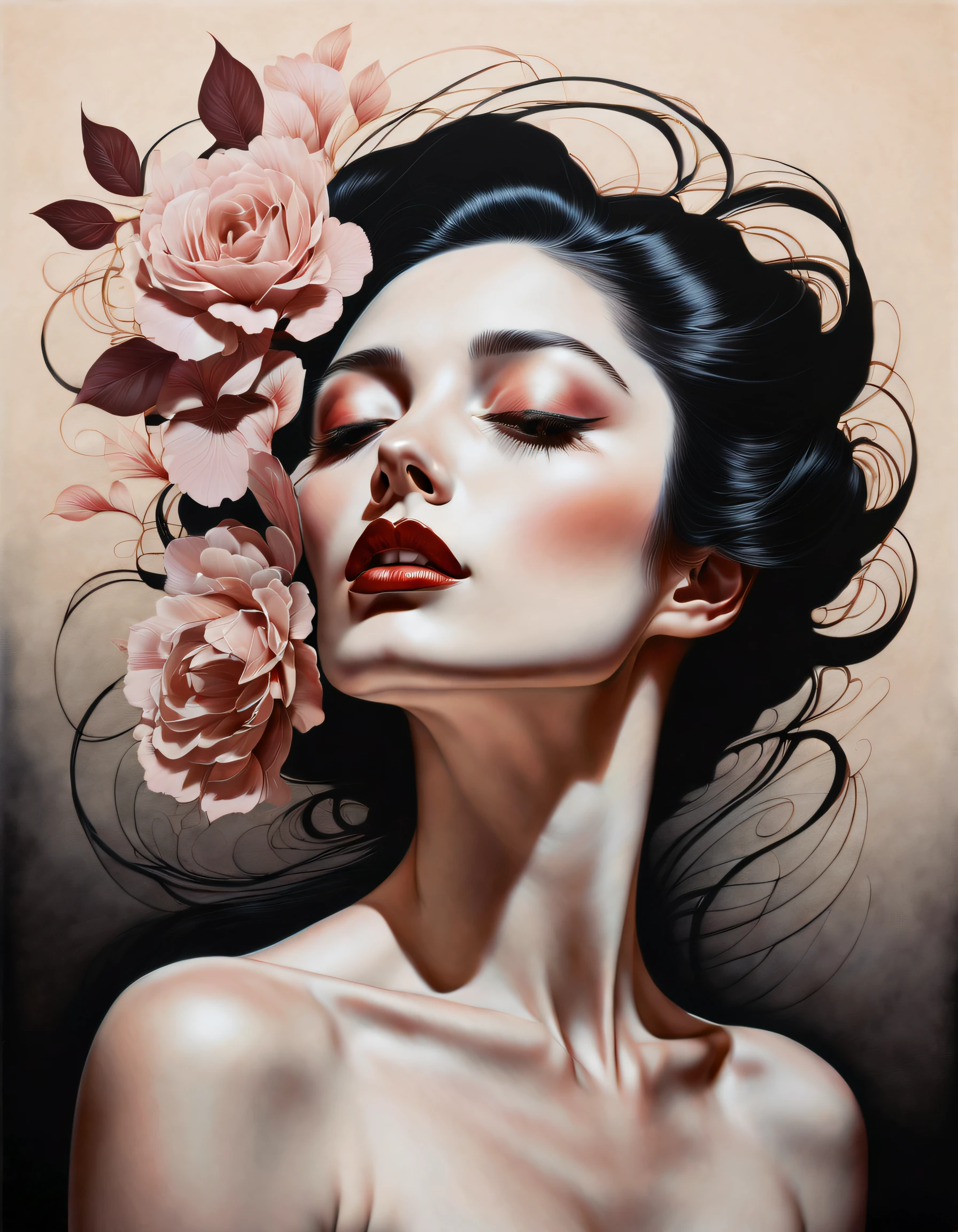 técnica de claro-escuro na ilustração sensual de uma mulher elegante, vintage , fosco misterioso, pintura fosca sedosa, por Hannah Dale, por Harumi Hironaka, cores extremamente suaves, vibrante, Altamente detalhado, arte digital, Alto contraste, dramático, refinado, tonal, Concentre-se no toque, conexão, e relaxamento