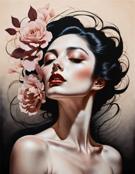chiaroscuro technique on sensual illustration of an elegant woman, vintage , matte eerie, silky matte painting, by Hannah Dale, ...