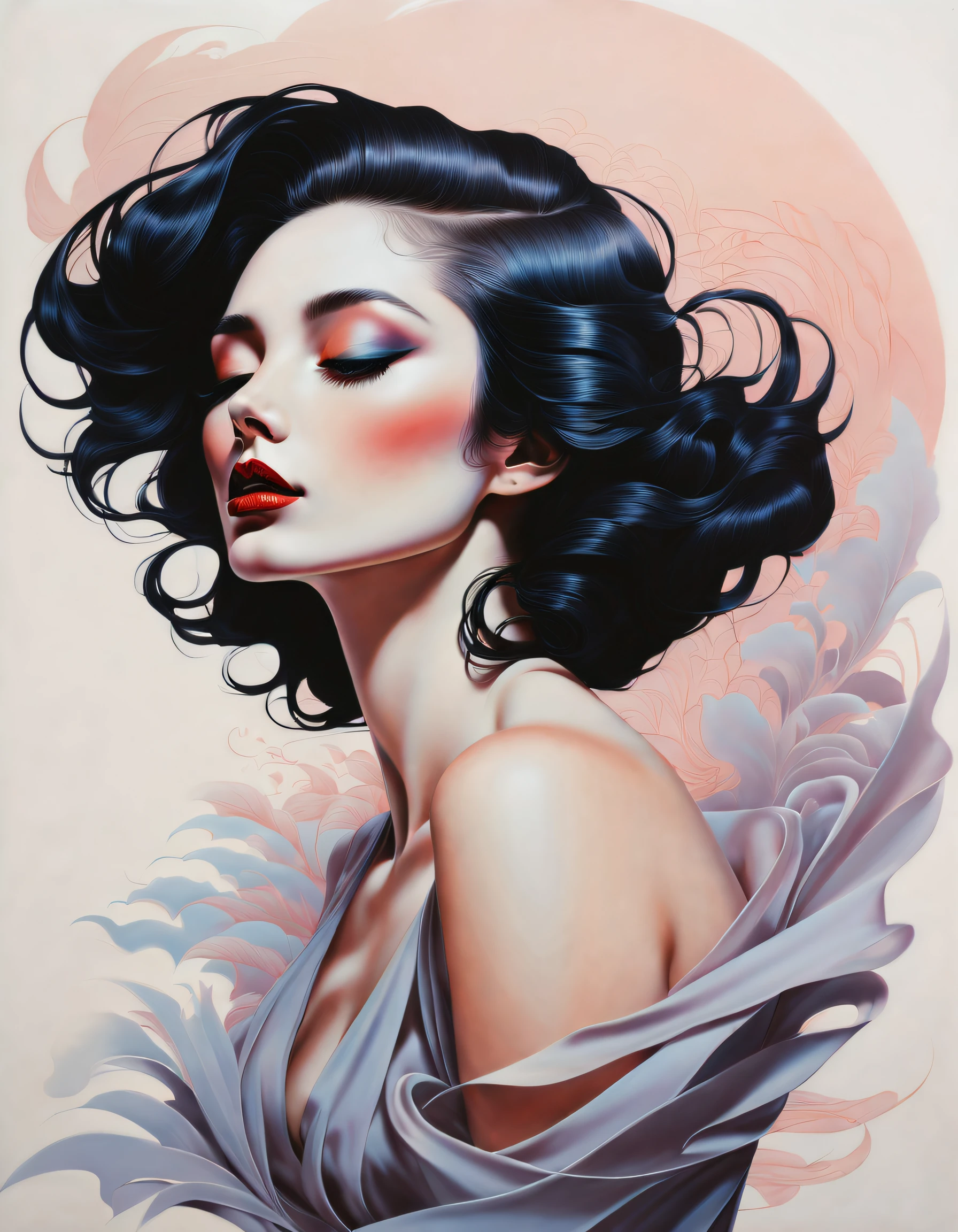 técnica de claro-escuro na ilustração sensual de uma mulher elegante, vintage , fosco misterioso, pintura fosca sedosa, por Hannah Dale, por Harumi Hironaka, cores extremamente suaves, vibrante, Altamente detalhado, arte digital, Alto contraste, dramático, refinado, tonal, Concentre-se no toque, conexão, e relaxamento